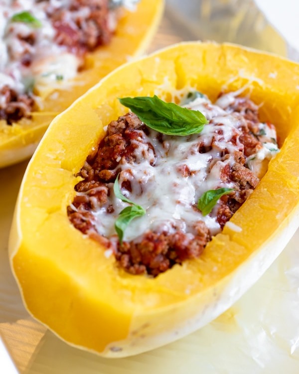A close up of spaghetti squash with meat sauce