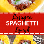 spaghetti squash filled with ground turkey, red sauce and ricotta cheese