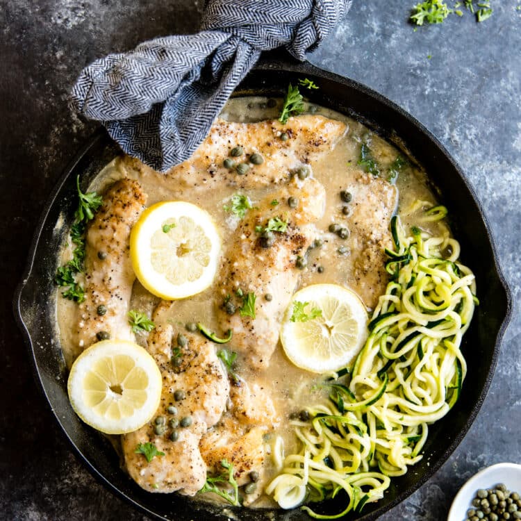 chicken piccata in a cast iron skillet
