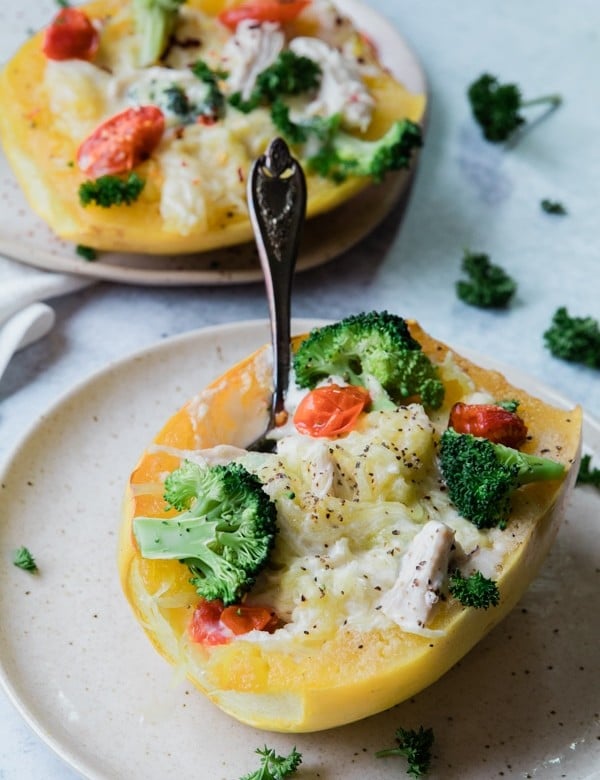 Chicken alfredo in a spaghetti squash boat