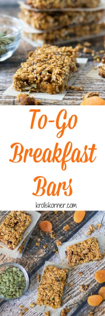 Easy, to-go breakfast bars are a must this time of year. These bars are high in protein and in fiber so they are a perfect way to kick start your day for sustained energy! Krollskorner.com