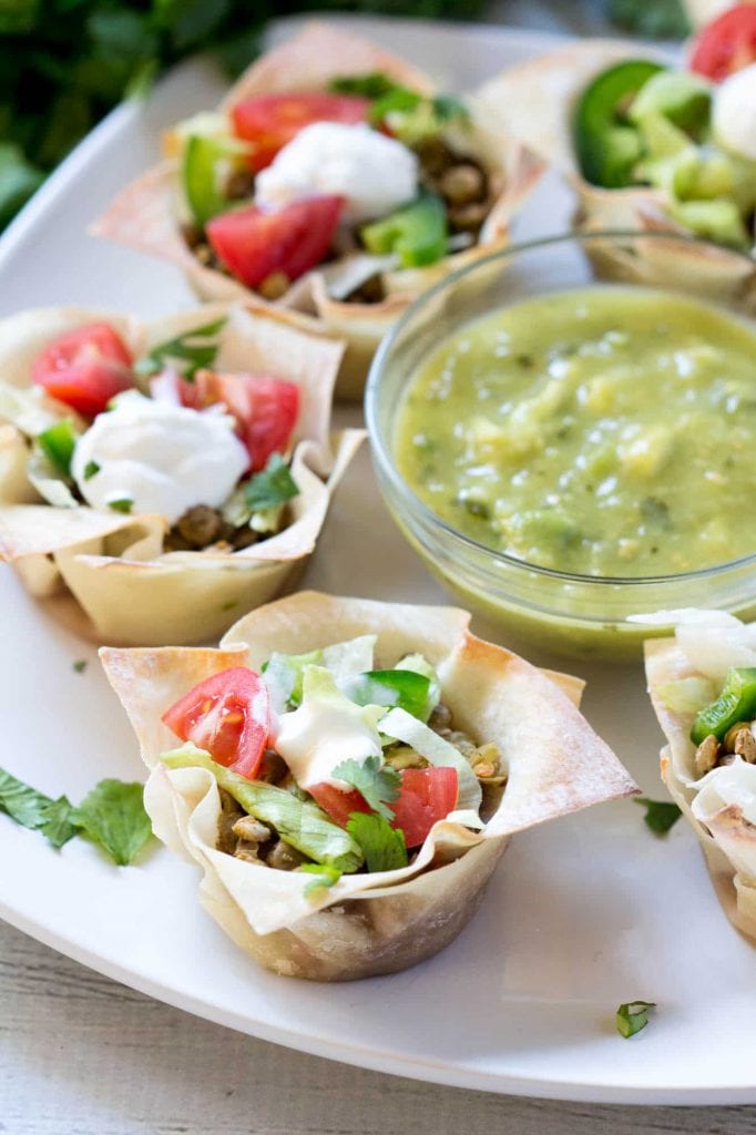 Vegetarian Lentil Won Ton Tacos are a perfect way to include plant based proteins into your diet - these lentil tacos are a perfect party appetizer or turn it into a meal with a side of grilled veggies! |krollskorner.com