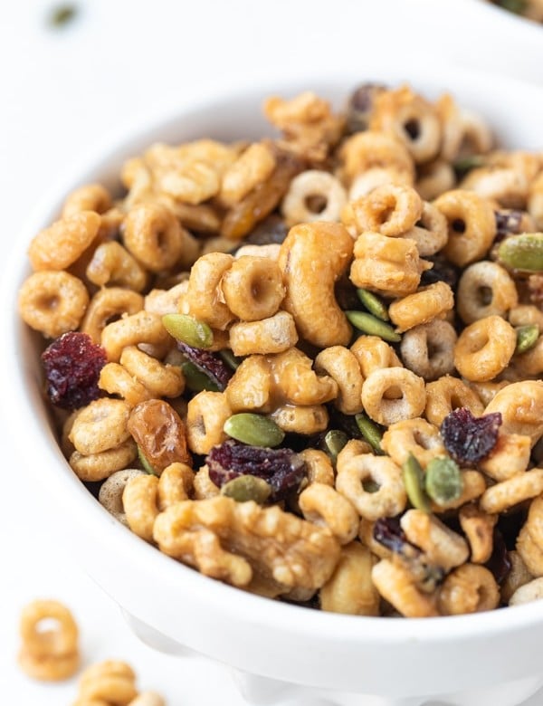 homemade trail mix in a white bowl