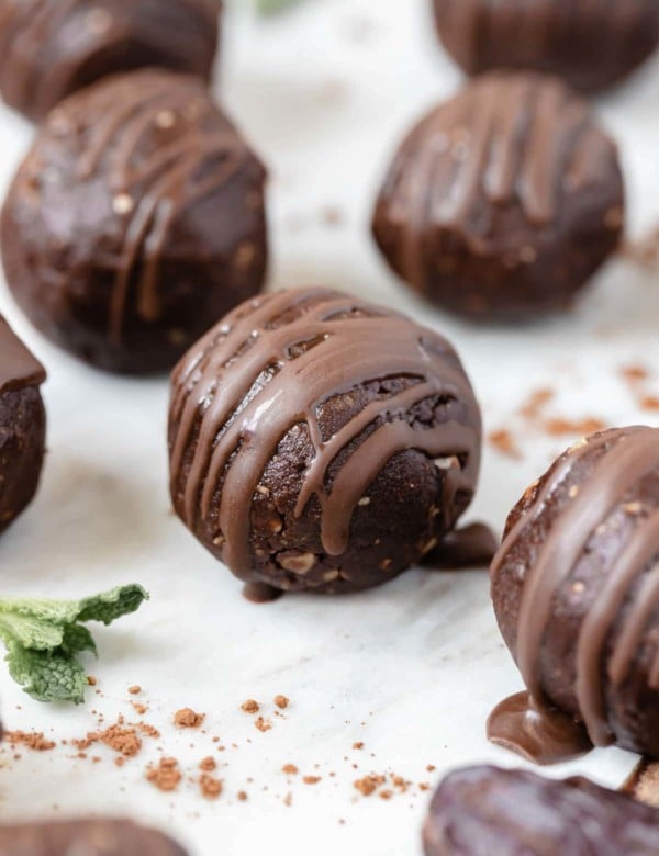 brownie energy bites on a marble slab