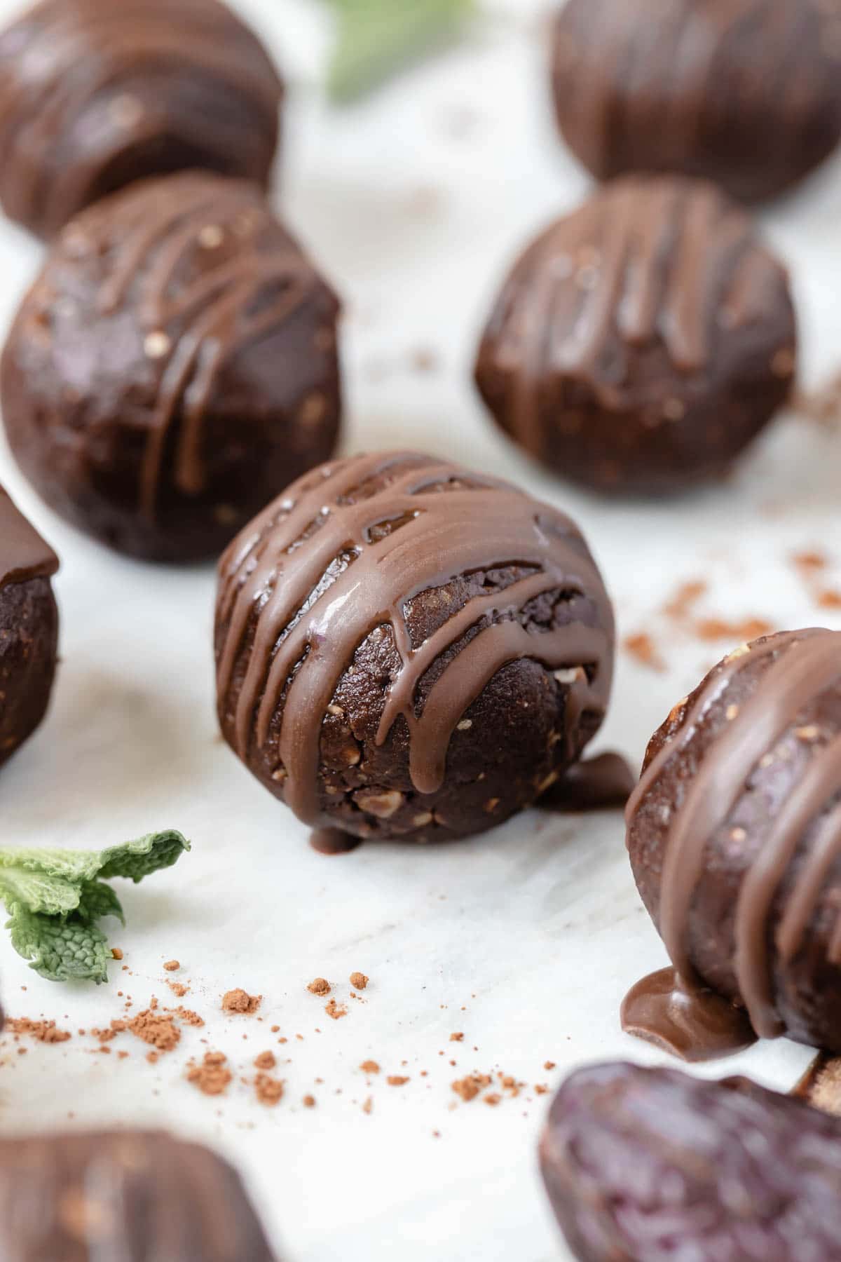 brownie energy bites on a marble slab