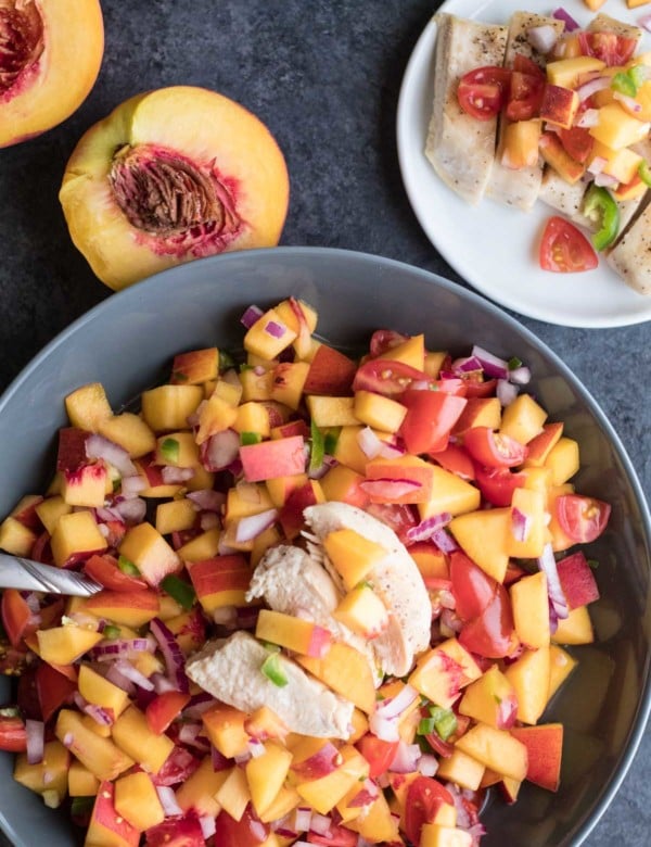 Fresh Peach Salad with Grilled Chicken is a summer must have! krollskorner.com