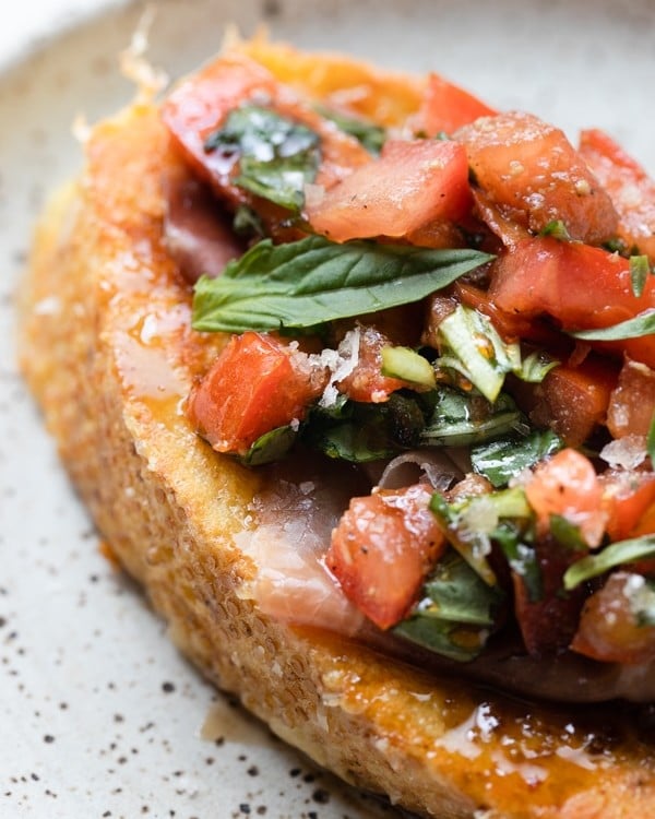 french toast topped with Prosciutto Bruschetta