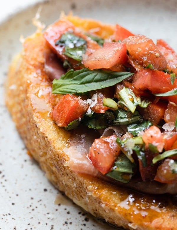 french toast topped with Prosciutto Bruschetta