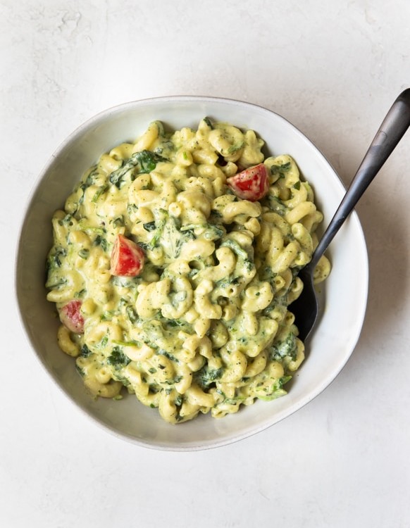 mac and cheese in a white bowl