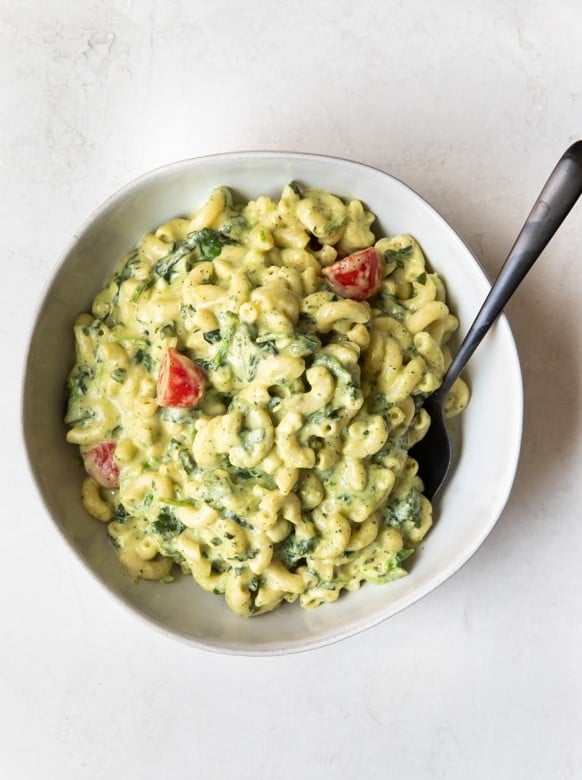 mac and cheese in a white bowl