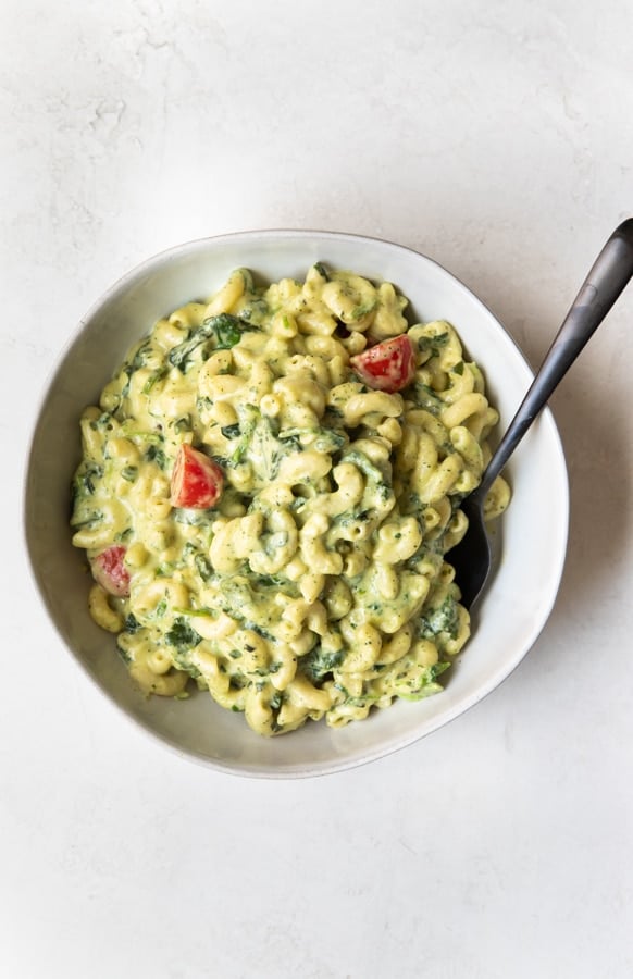 mac and cheese in a white bowl