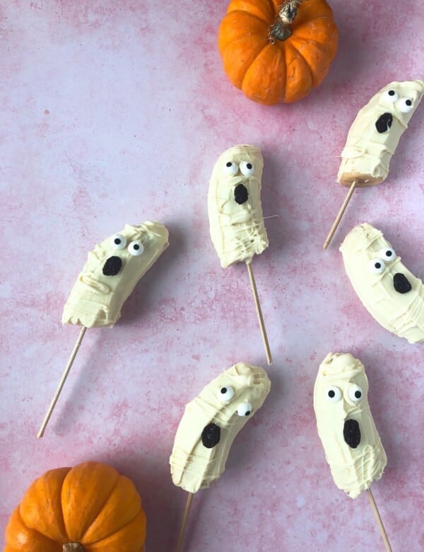 Bananas covered in white chocolate made for a fun Halloween treat