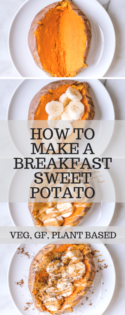 A sweet potato on a white plate filled with banana slices, peanut butter, chia seeds and cinnamon.