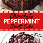 chocolate bundt cake with chocolate frosting and sugared cranberries