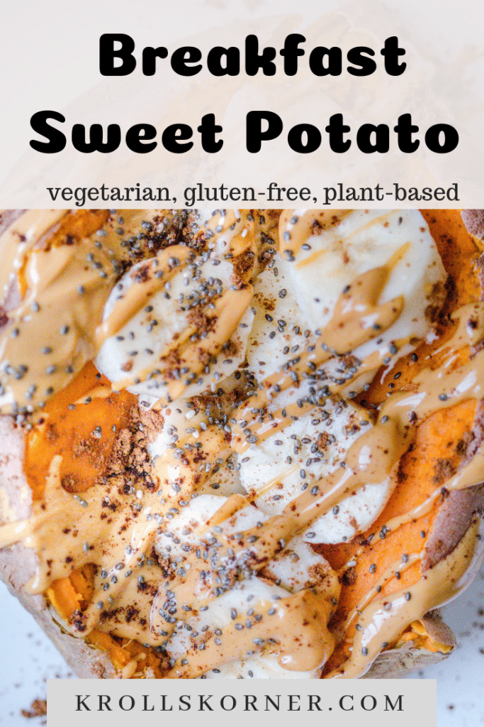 A sweet potato on a white plate filled with banana slices, peanut butter, chia seeds and cinnamon.