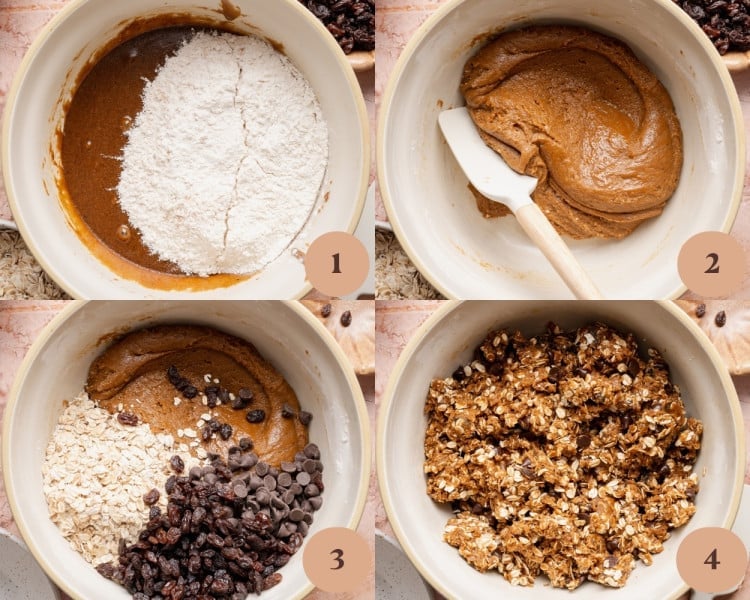 The wet ingredients fully whisked into a smooth, glossy brown batter in a large mixing bowl, showing a cohesive and creamy texture.