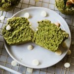 Muffins made with matcha and avocado on a white plate.