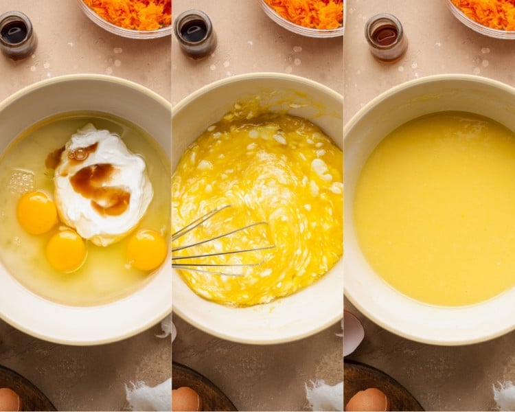 Eggs, vegetable oil, sour cream, and vanilla extract in a mixing bowl before and after whisking until smooth and combined.