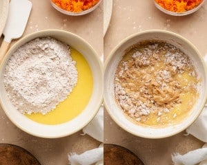 Dry ingredients added to wet ingredients in a bowl and gently folded together to form muffin batter.