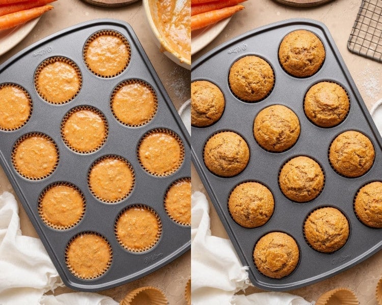 Before and after view of carrot cake muffin batter in a lined muffin tin and fully baked muffins with tall, golden domed tops in the same pan.