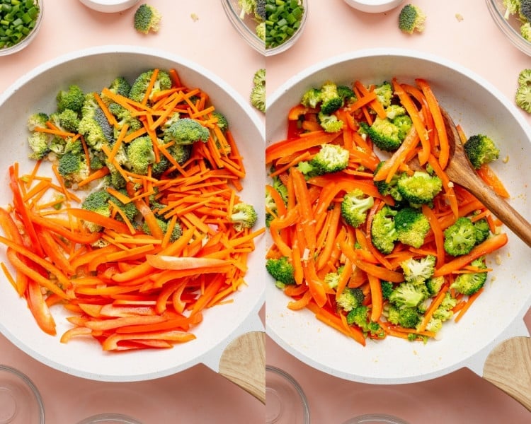 Sliced red bell peppers, julienned carrots, and broccoli florets added to the skillet and sautéed until slightly tender.