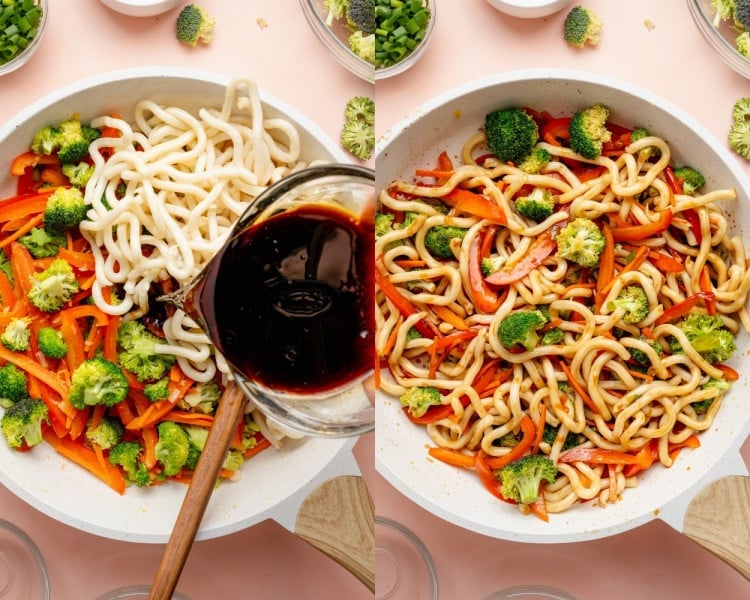 Cooked udon noodles and prepared sauce added to the sautéed vegetables in the skillet.