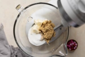 sugars and butter in a glass mixing bowl.