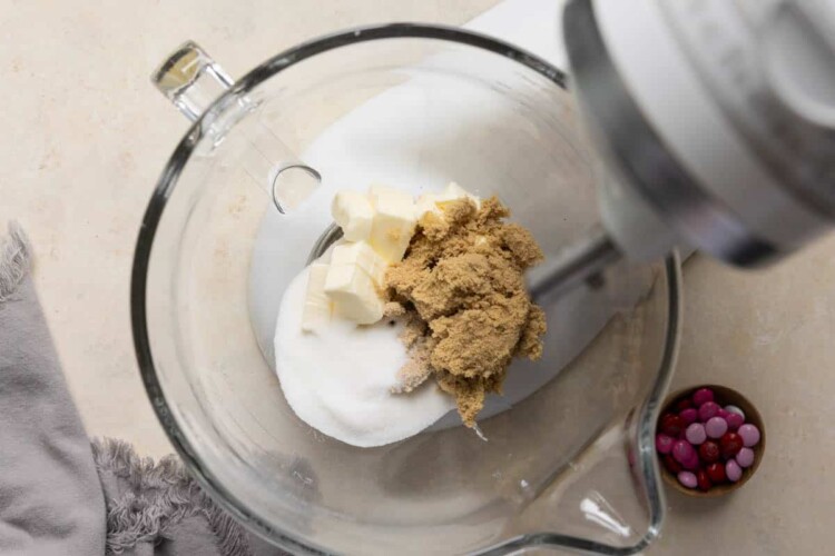 sugars and butter in a glass mixing bowl.