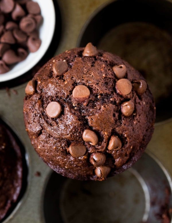 jumbo chocolate muffins in a muffin tin