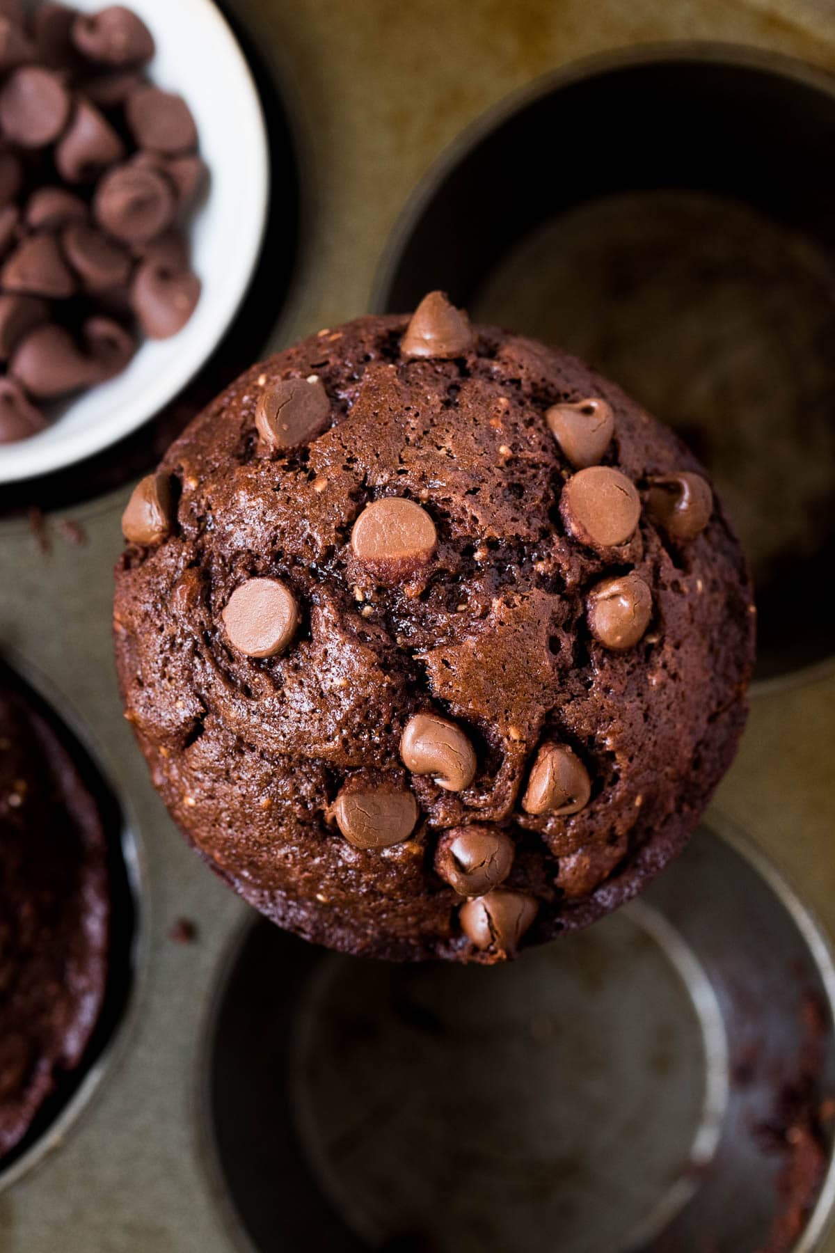 jumbo chocolate muffins in a muffin tin