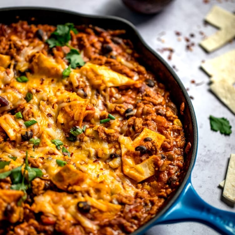 taco skillet in a blue cast iron skillet
