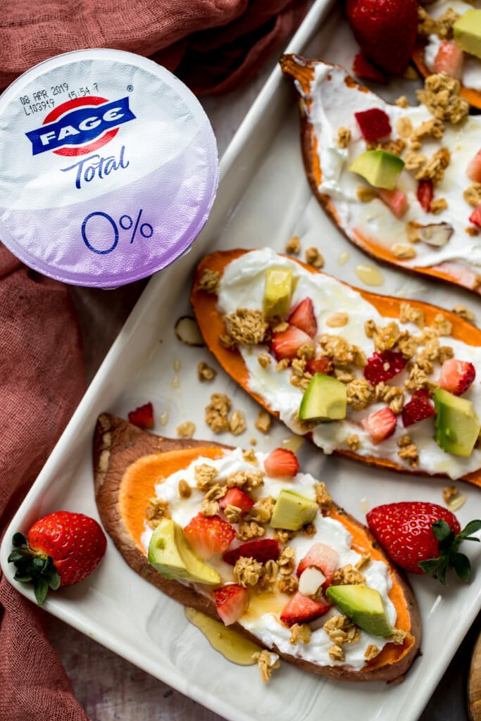 sweet potato toast topped with yogurt and granola