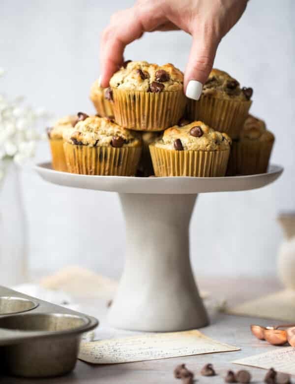 almond flour chocolate chips muffins on a cake tray
