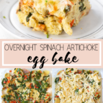 spinach artichoke egg bake in a casserole dish