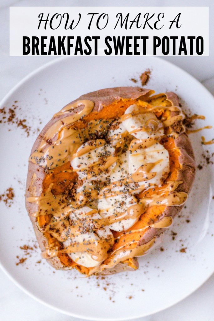 baked sweet potato stuffed with bananas, peanut butter, chia seeds and cinnamon 
