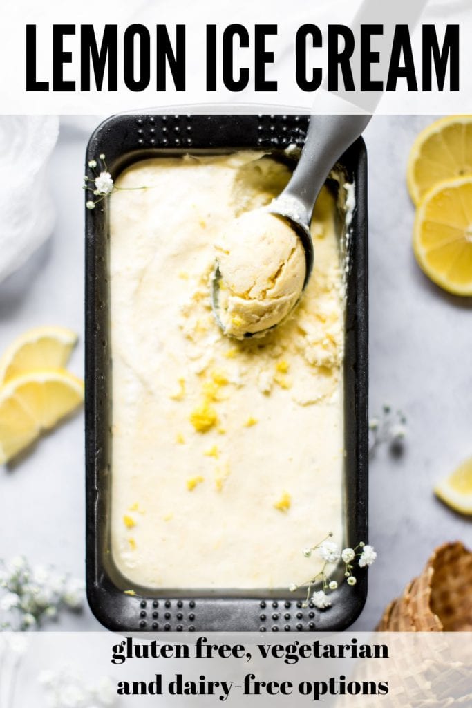 lemon ice cream in a container being scooped with an ice cream scooper