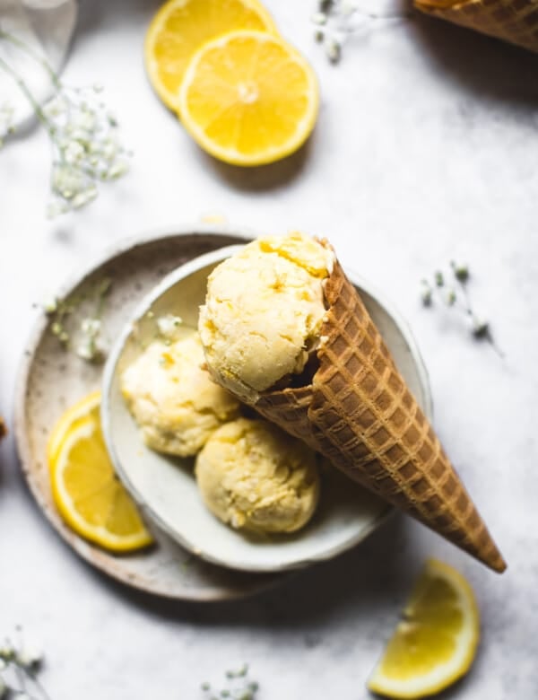 Lemon ice cream in a waffle ice cream cone