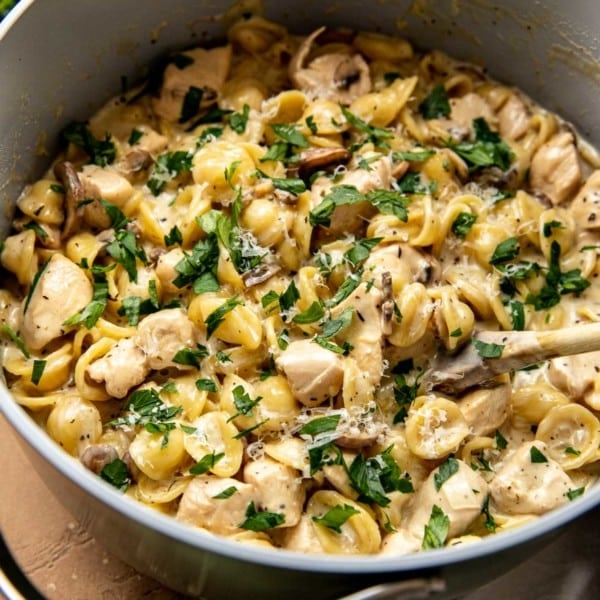 pasta with chicken, mushrooms, and green herbs in a dutch oven pan