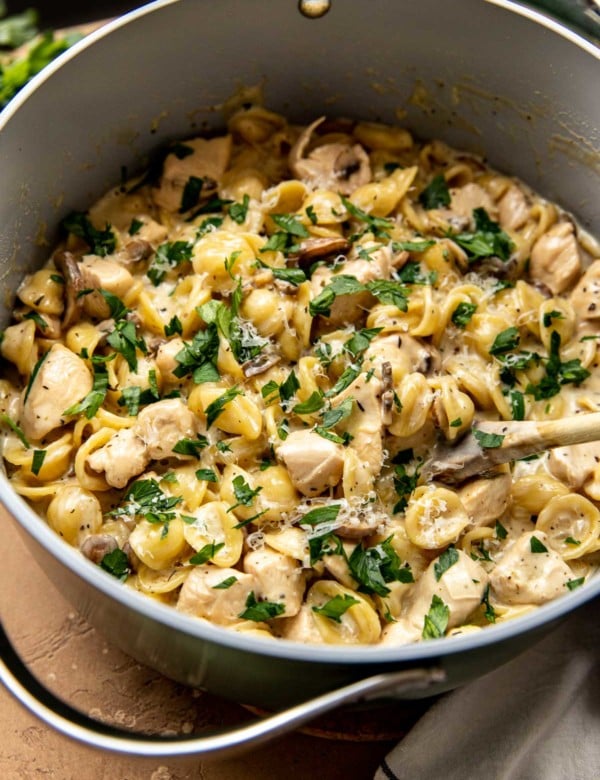 pasta with chicken, mushrooms, and green herbs in a dutch oven pan