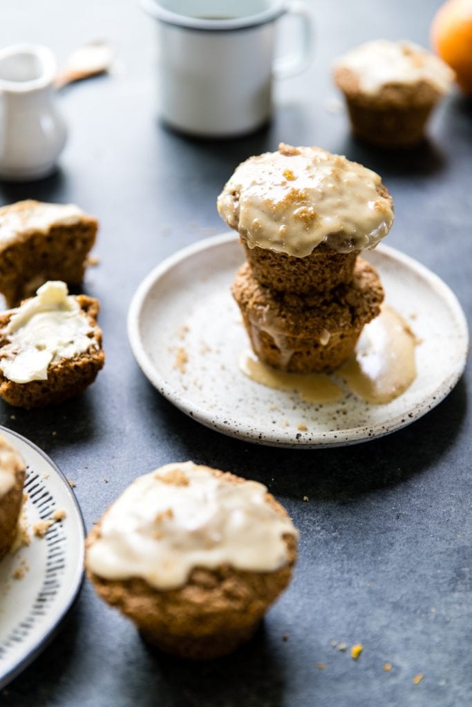 maple bran muffins with coffee on a white plate