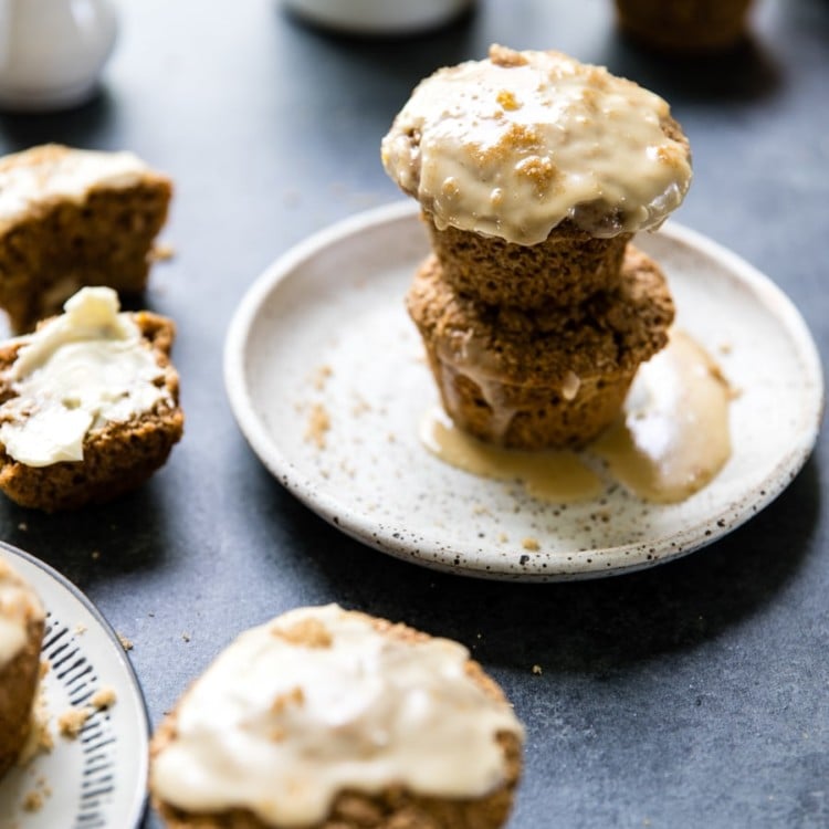 maple bran muffins with coffee on a white plate