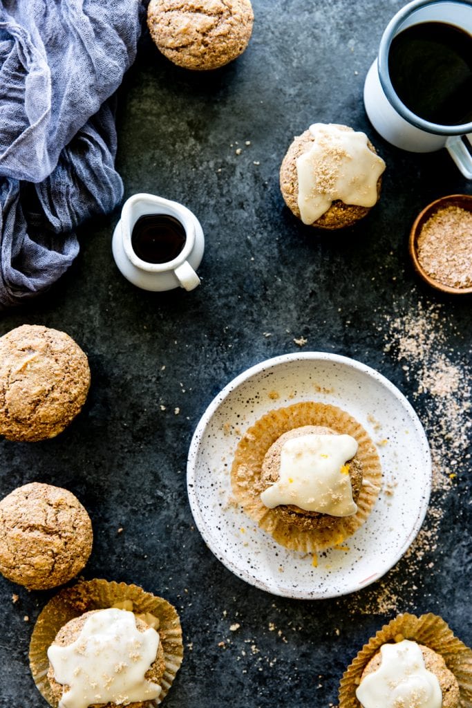 maple bran muffins with coffee on a white plate