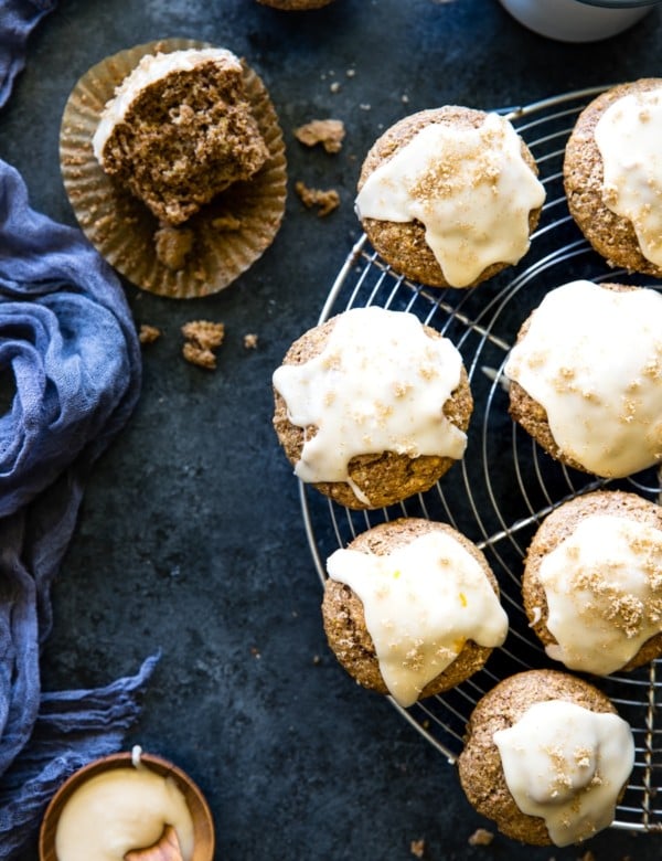 maple bran muffins with coffee on a cooling rack