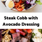meal prep keto steak cobb salad with avocado dressing poured on top