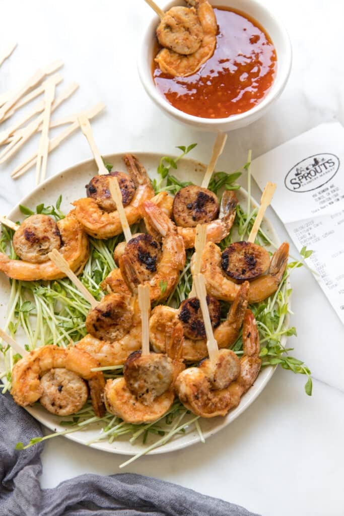 sausage and shrimp on a white plate