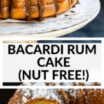 Bacardi rum cake on a cake stand with chocolate icing