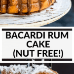 Bacardi rum cake on a cake stand with chocolate icing
