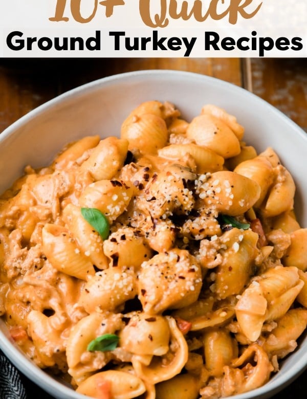 ground turkey with shell pasta in a white bowl for an easy ground turkey recipe