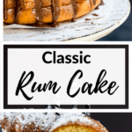 Bacardi rum cake on a cake stand with chocolate icing