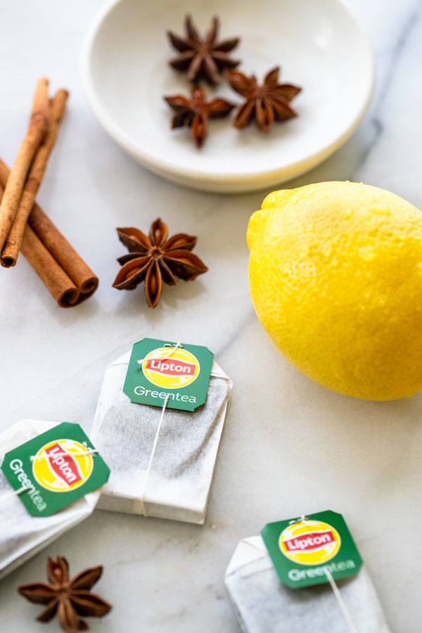 lipton green tea bags on a marble board
